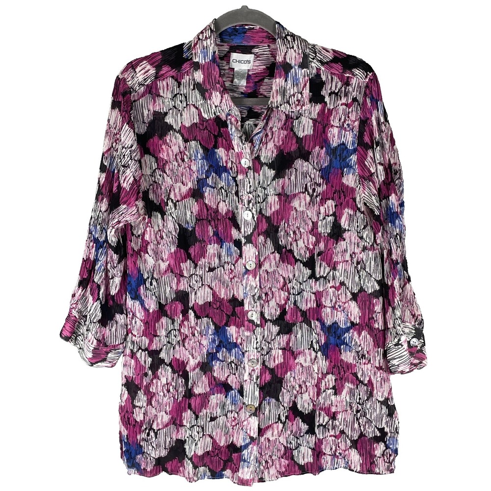 VTG Y2K Chico's Silk Tunic Top Womens Large Floral Crinkle Semi Sheer‎ Button Up